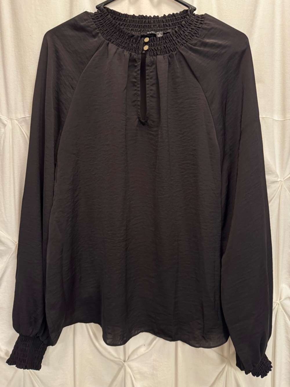 Studio Black Smocked-Neck Long Sleeve Blouse Small